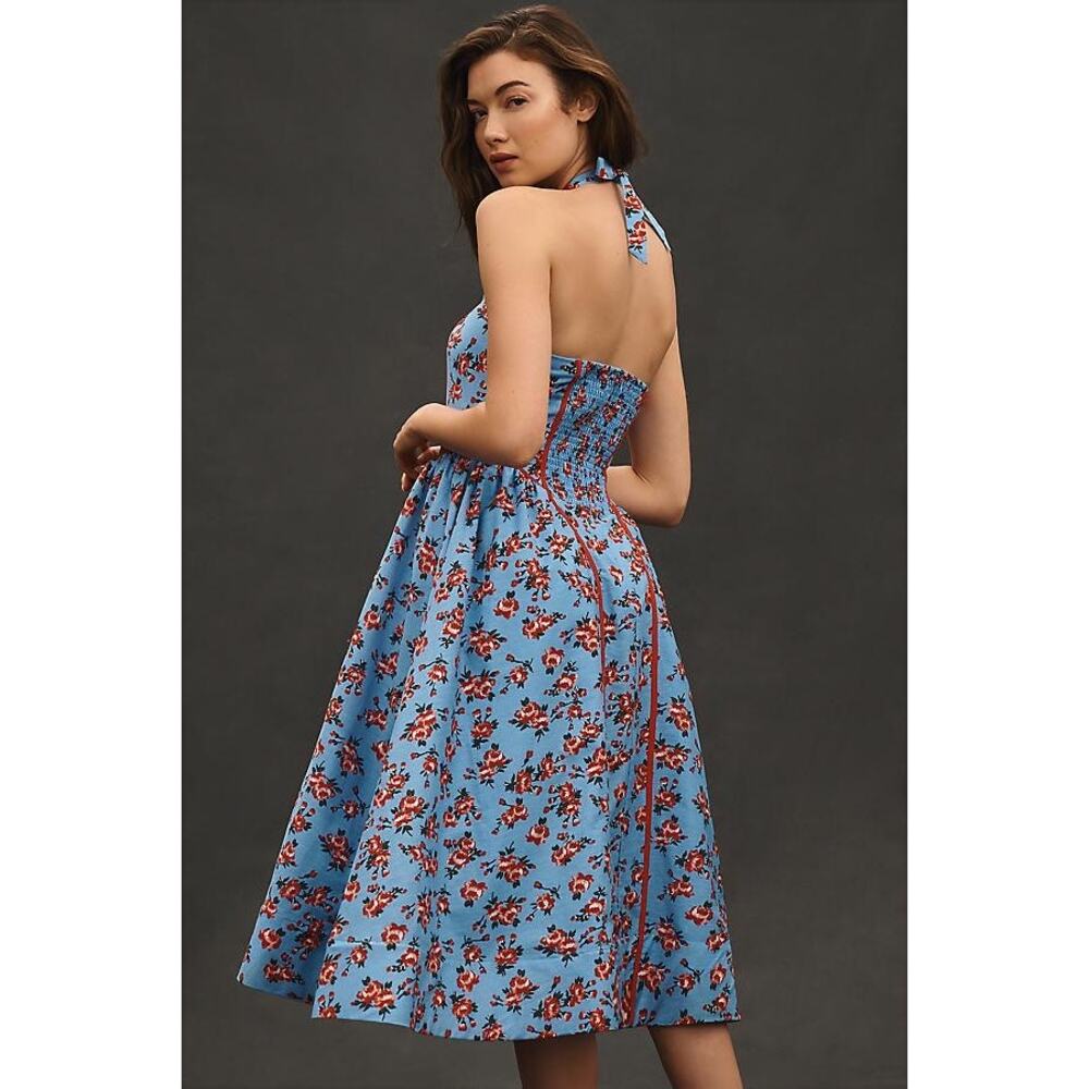 NWT by ANTHROPOLOGIE sz L Halter V-Neck Fit and Flare midi dress in blue floral - Picture 4 of 6